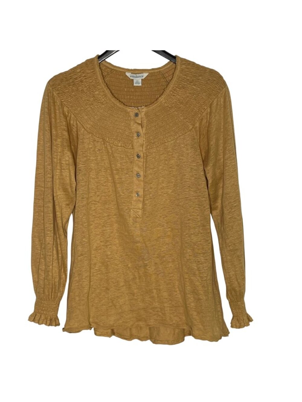 Sundance Smocked Linen Puff Sleeve Top Sz XS Yellow Boho Burnout